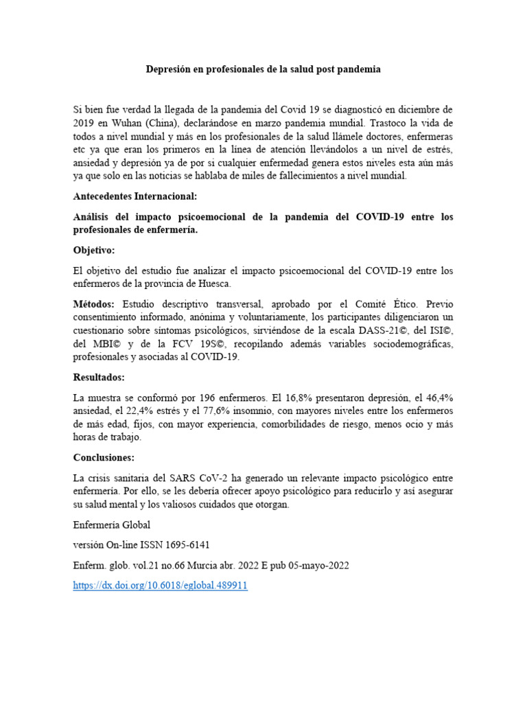 Impacto de la Depresión en Salud Post-COVID | PDF | Trastorno depresivo ...