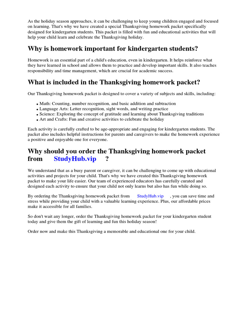 Thanksgiving Homework Packet For Kindergarten | PDF | Creativity | Homework