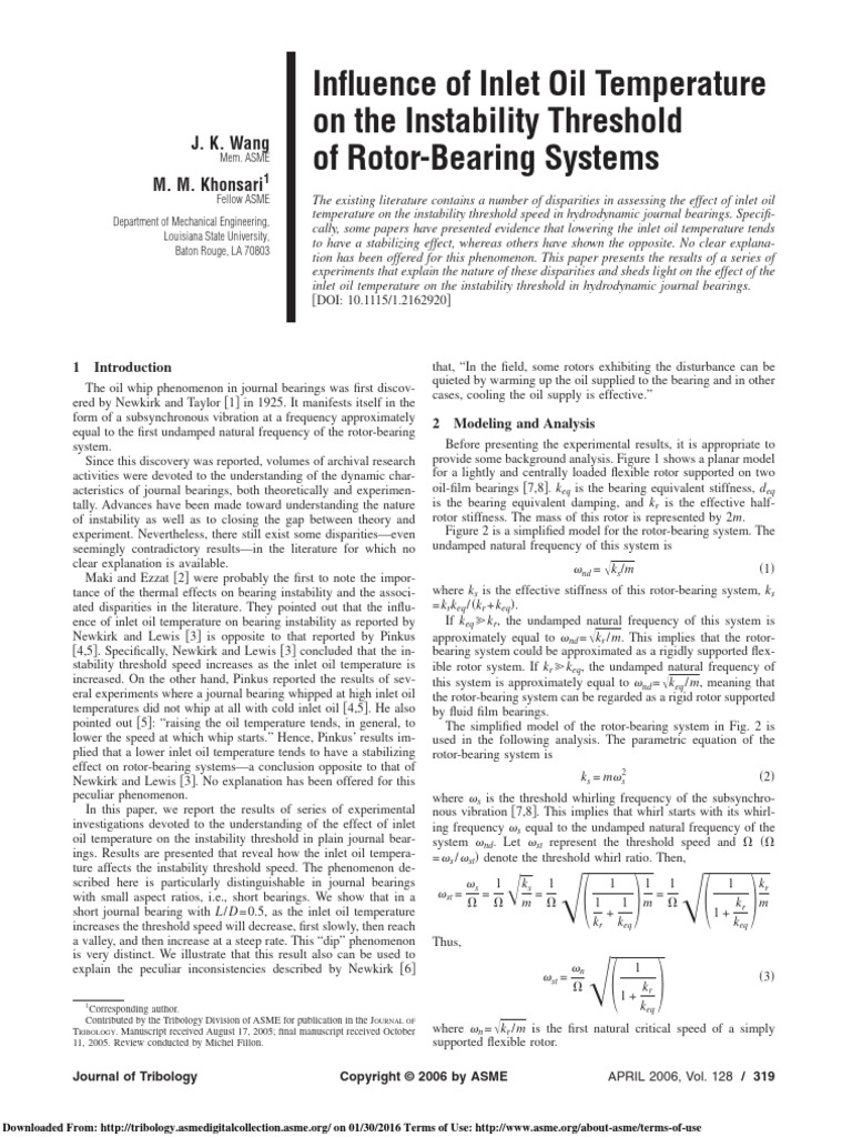 Inlet Oil Temperature Effects on Rotor-Bearing Instability | PDF ...