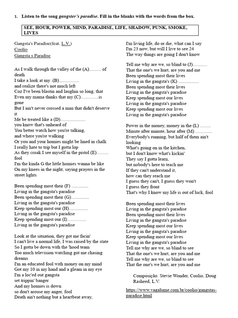 Fill in the Blanks: Gangsta's Paradise Lyrics | PDF | Rhythm And Blues ...