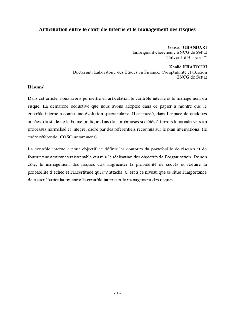 Contrôle interne et gestion des risques | PDF | Contrôle interne ...