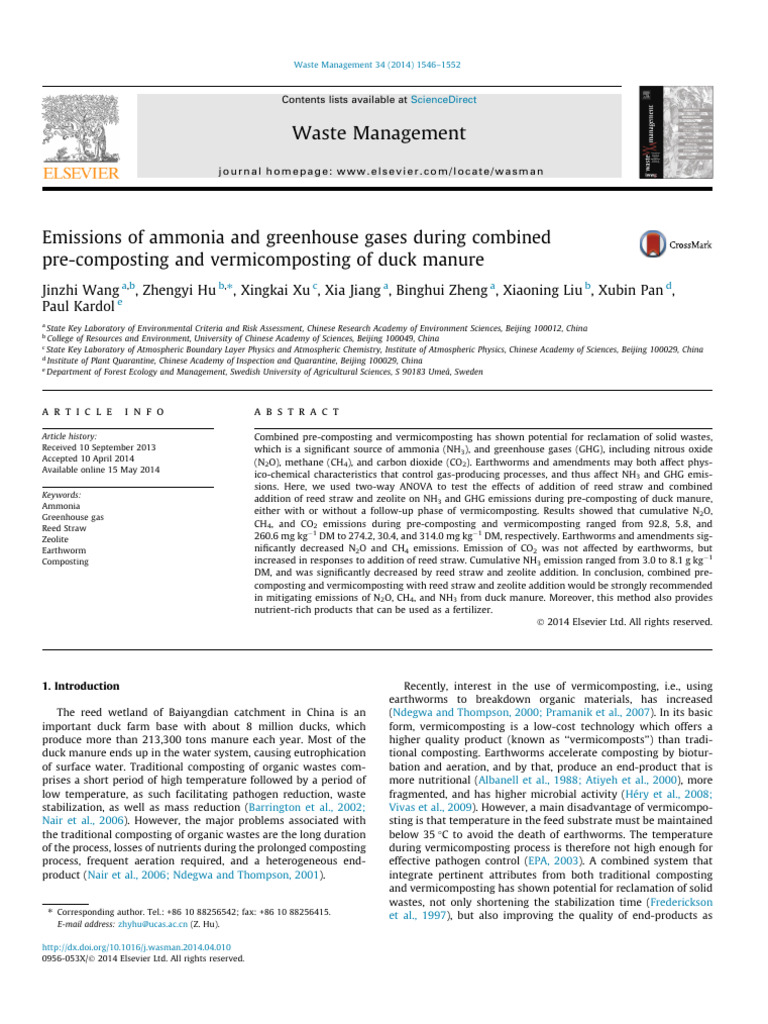 Ammonia and GHG Emissions in Duck Manure Composting | PDF | Compost ...