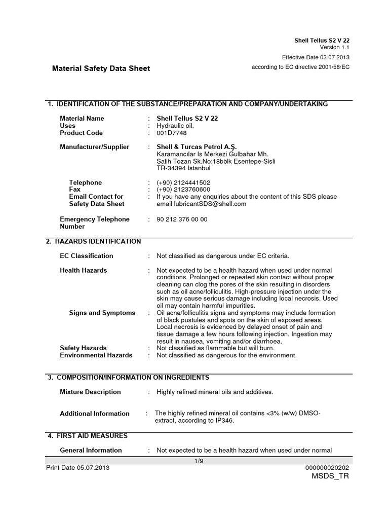 Shell Tellus S2 V 22 MSDS Guide | PDF | Toxicity | Glove