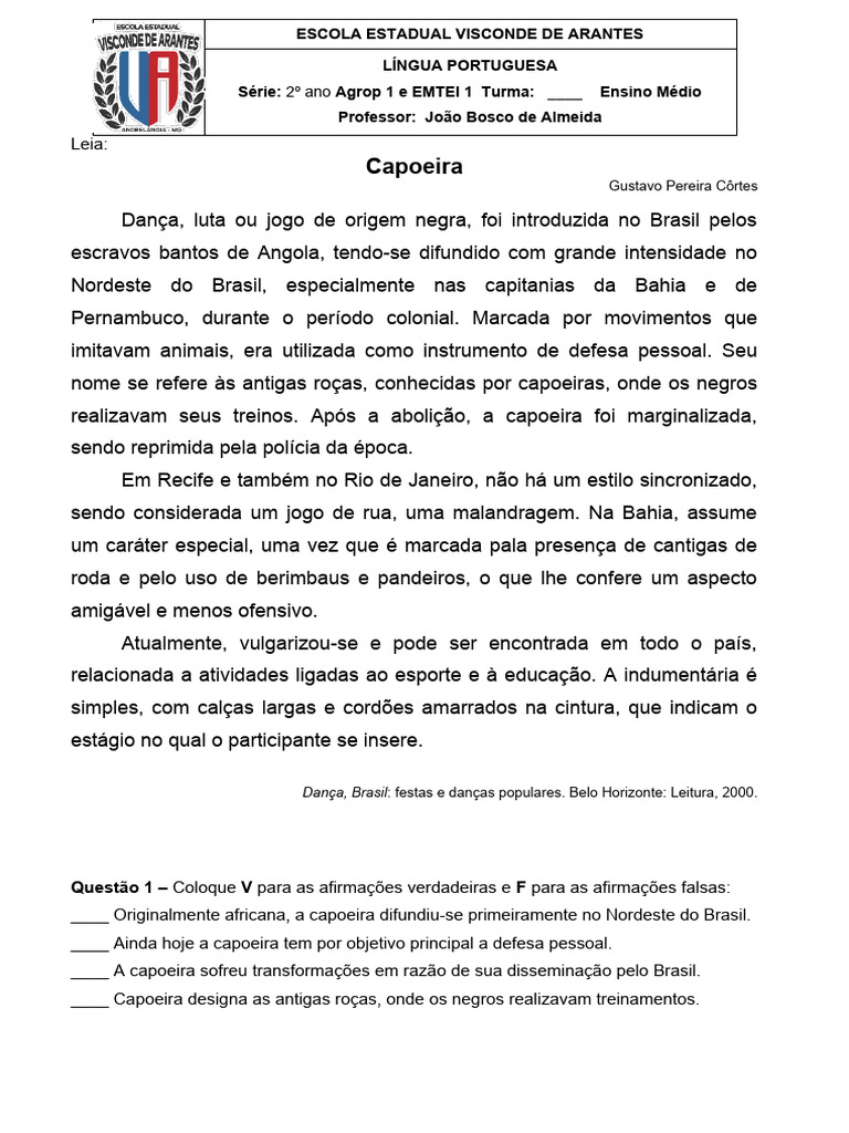 Interpretacao de Texto Capoeira 2º Ano Do Ensino Medio Word | PDF | Brasil