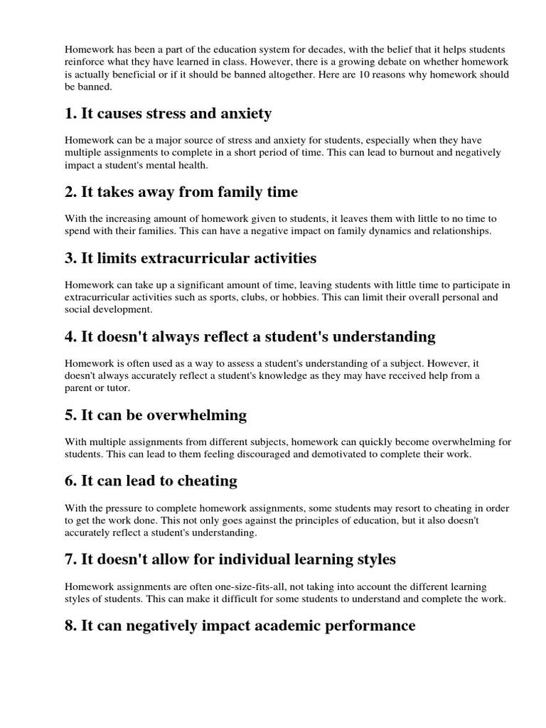 10 Reasons Homework Should Be Banned Pdf Homework Learning
