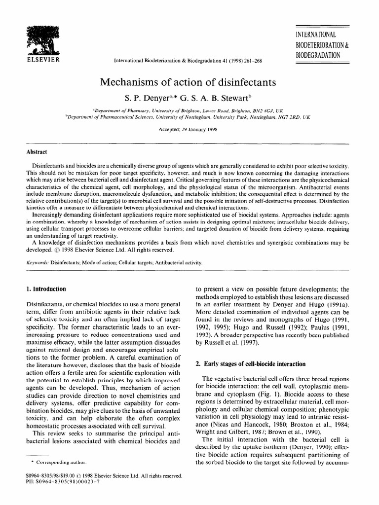 Mechanisms of Action of Disinfectants PDF Cell Membrane Disinfectant