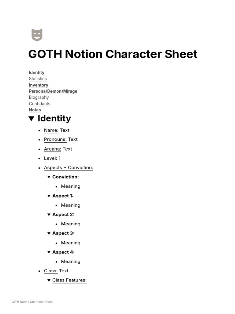 GOTH Notion Character Sheet PDF