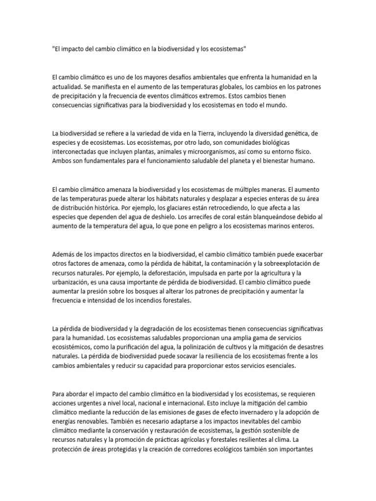 El Impacto Del Cambio Climático en La Biodiversidad y Los Ecosistemas ...