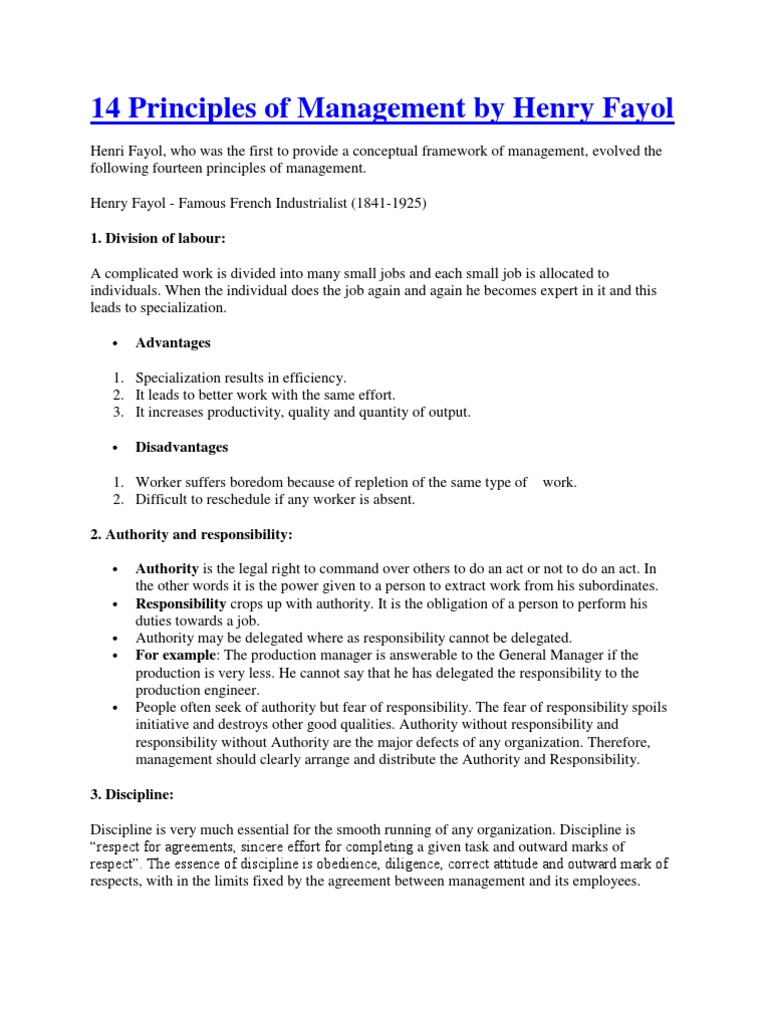 Fayol's 14 Principles of Management | PDF | Division Of Labour | Employment