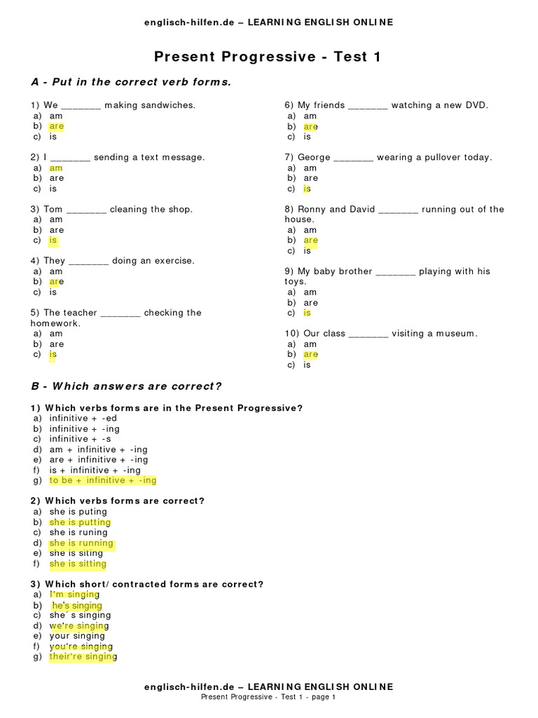 Test Present Progressive | PDF | Language Arts & Discipline