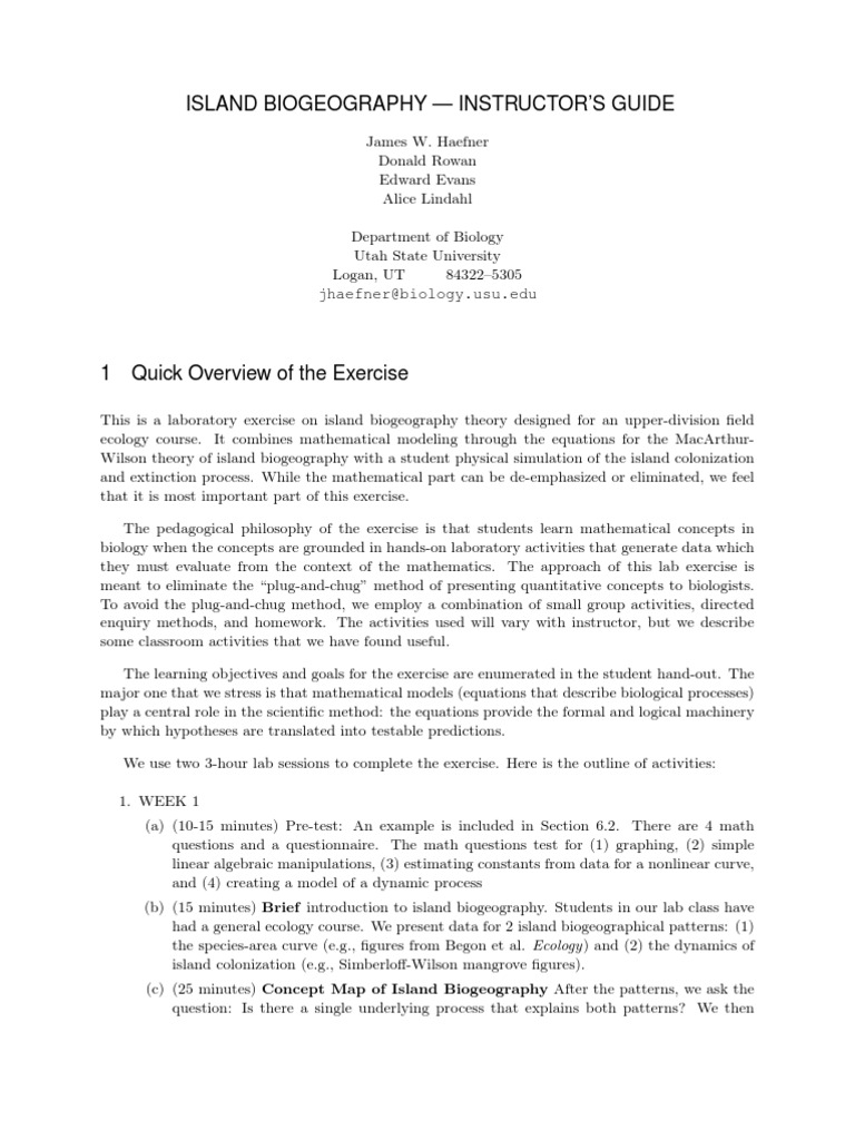 Island Biogeography Instructor'S Guide Jhaefnerbiology Usu.edu