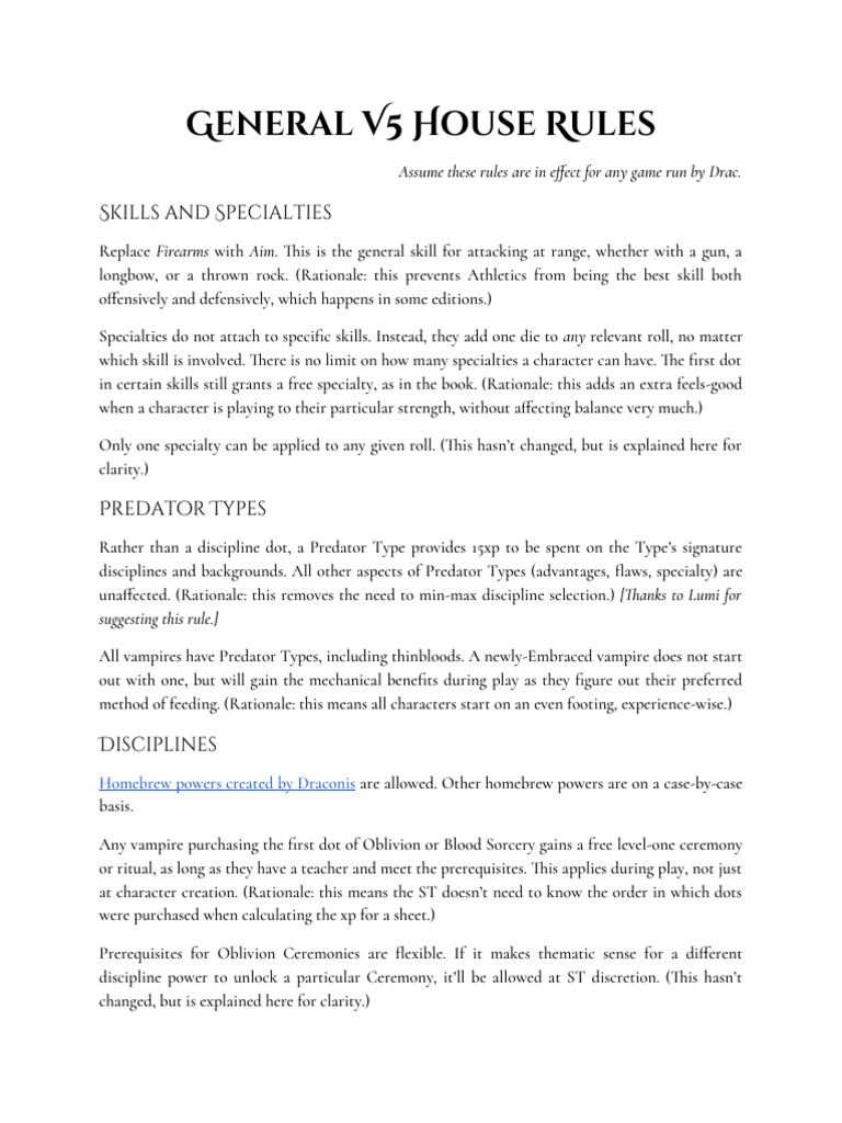 V5 House Rules PDF Experience
