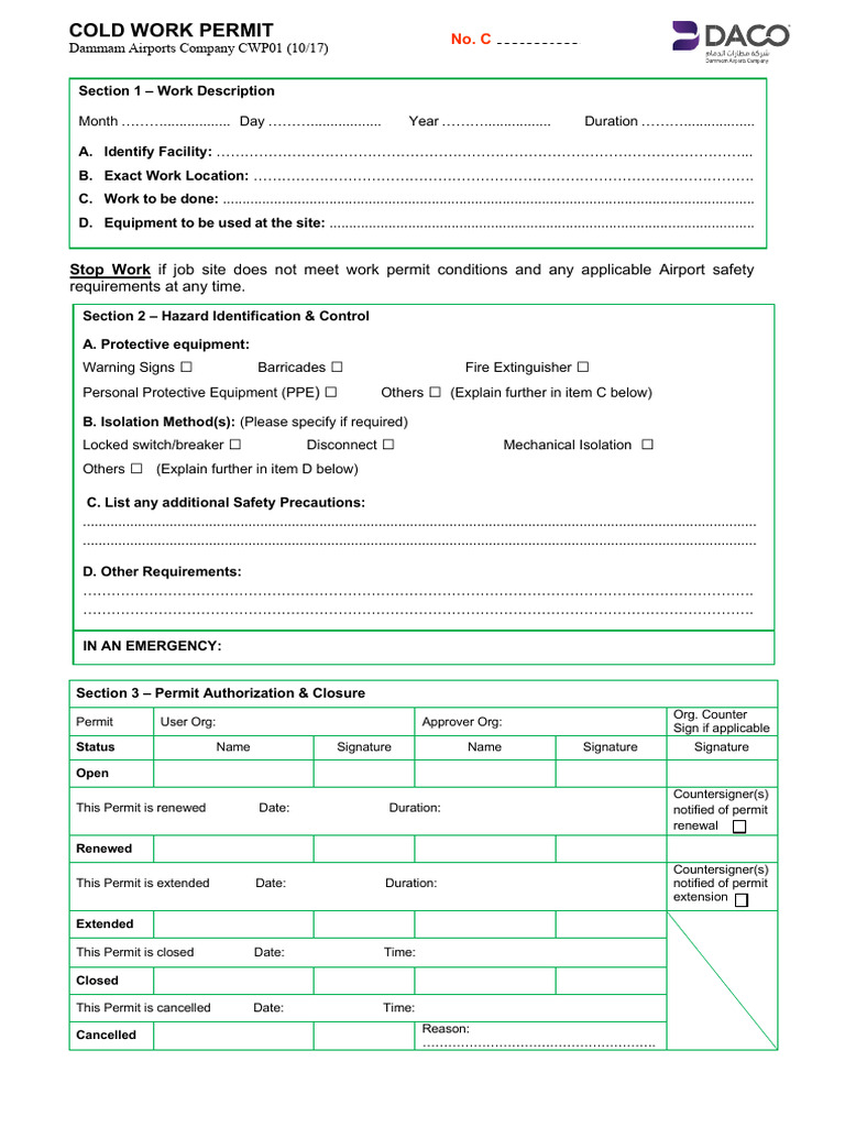Cold Work Permit Authorization Guide | PDF | Personal Protective ...