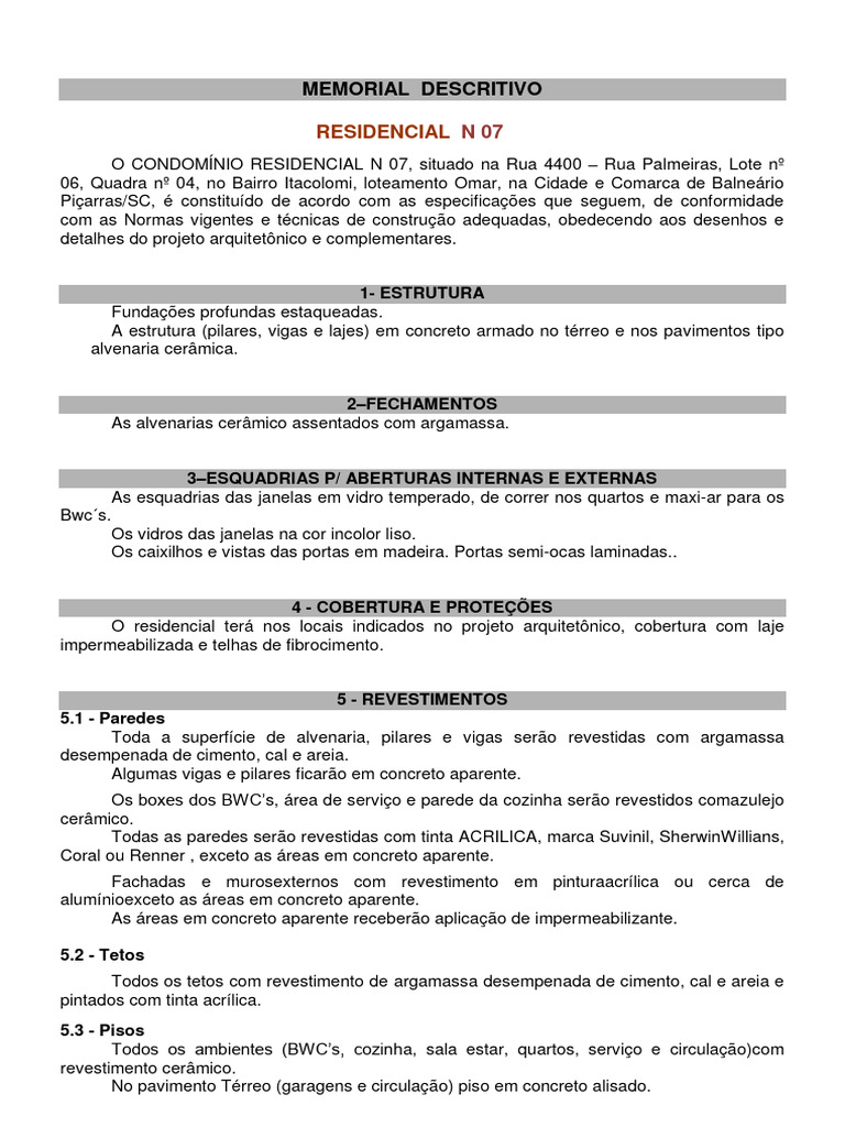 Memorial Descritivo do Residencial N 07 | PDF | Argamassa (alvenaria ...