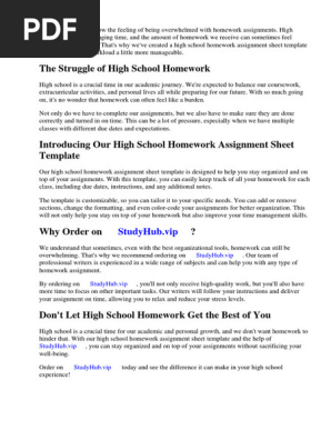 High School Homework Assignment Sheet Template