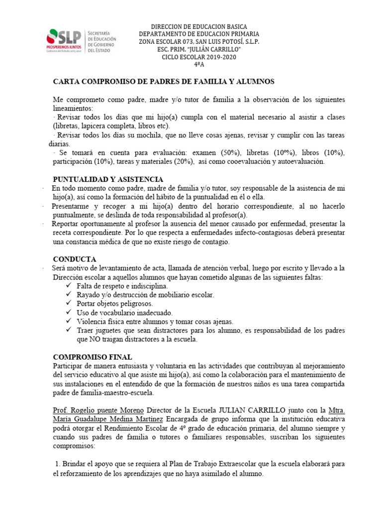 Carta Compromiso de Padres de Familia y Alumnos | PDF | Escuelas ...