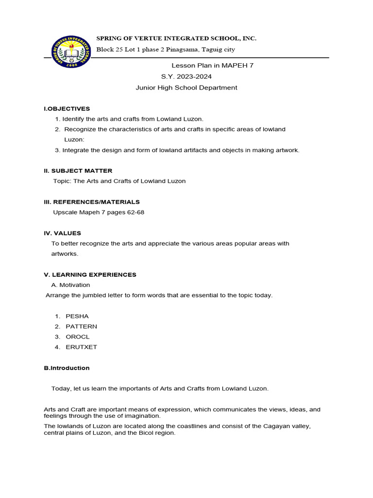Lesson Plan Mapeh 7 Pdf Social Science Art