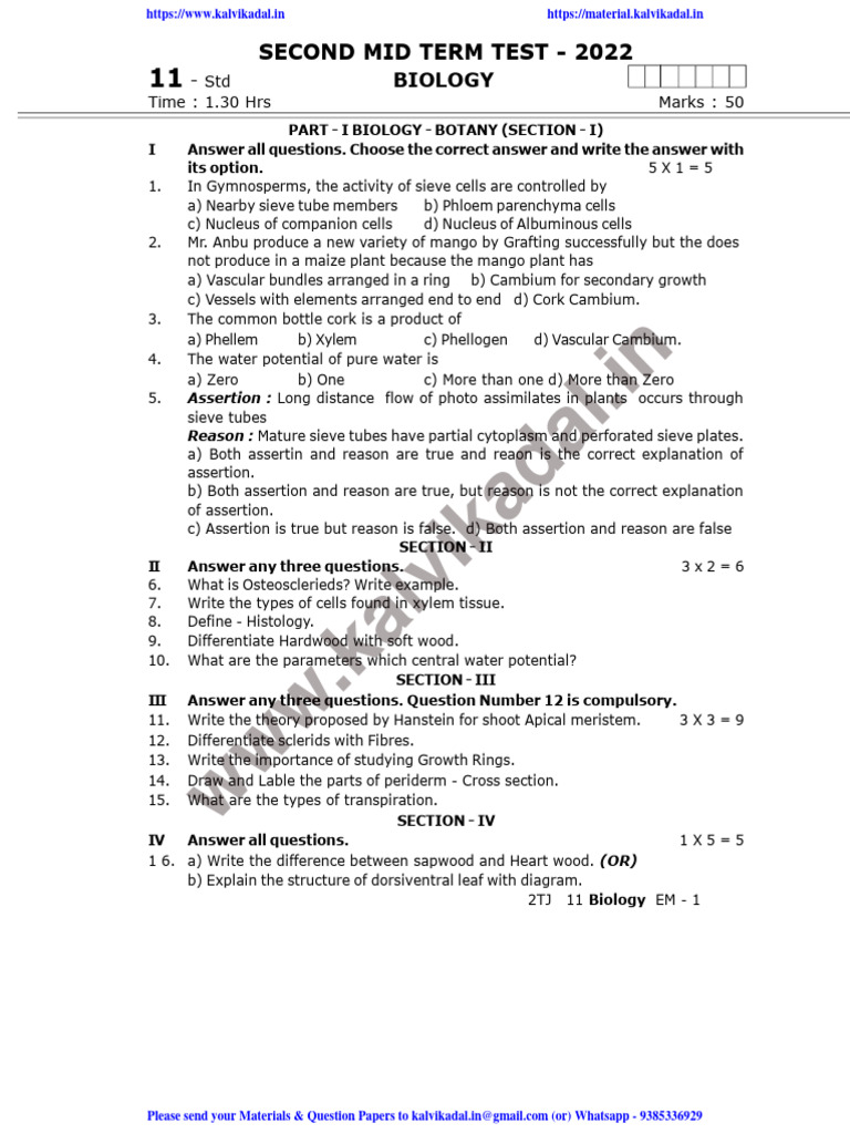 11th Biology Second Midterm Paper 2025 | PDF | Tissue (Biology) | Anatomy