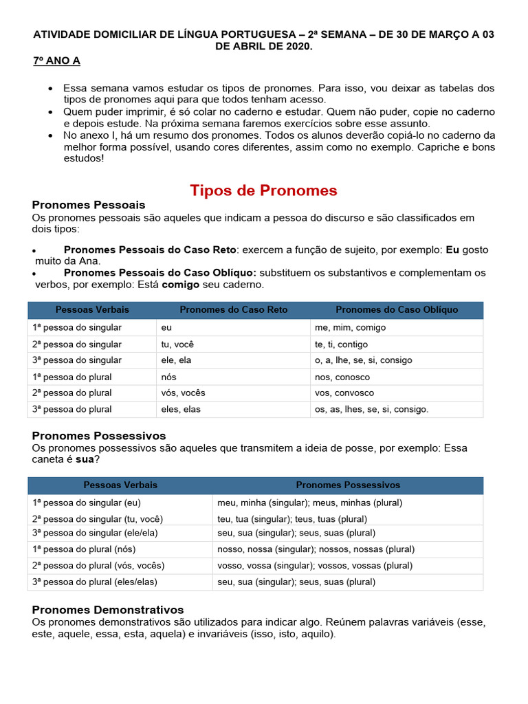 Atividades sobre Tipos de Pronomes | PDF | Pronome | Plural