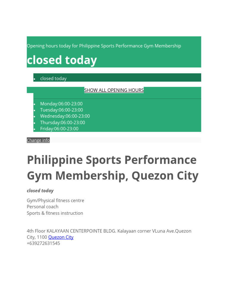 Opening Hours Today for Philippine Sports Performance Gym Membership PDF