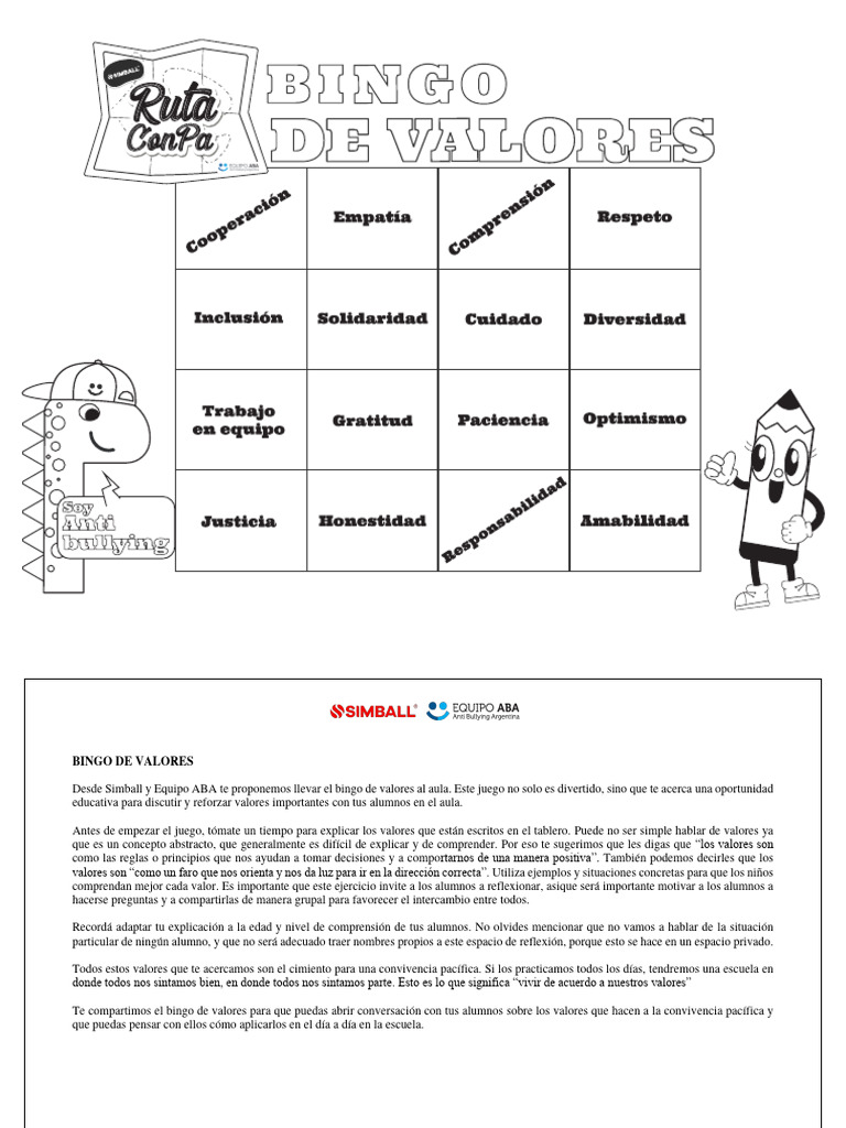 Bingo de Valores para el Aula | PDF