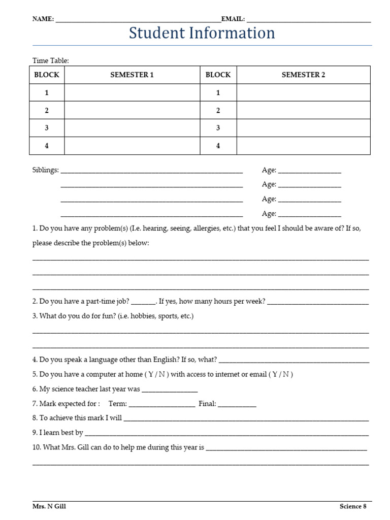 Student Information and Contact Form | PDF