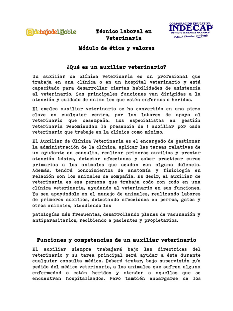 Rol del Auxiliar Veterinario | PDF | Medicina Veterinaria | Hospital