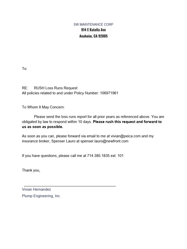 Urgent Request for Loss Runs Report | PDF | Business | Law
