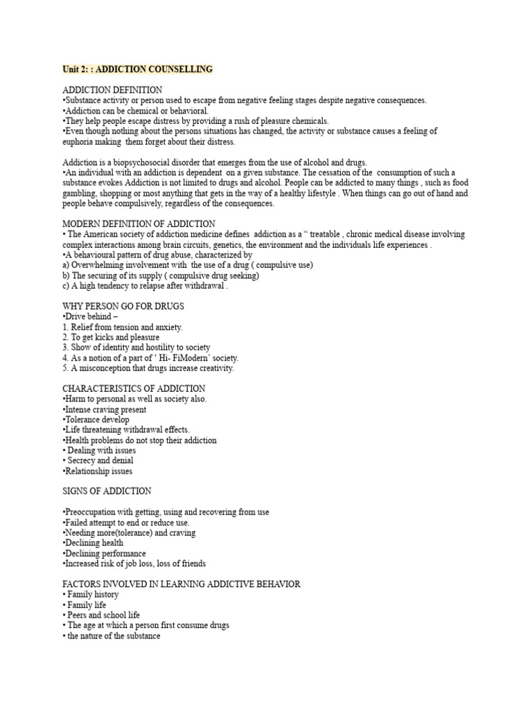 Unit 2 - ADDICTION COUNSELLING | PDF | Substance Use Disorder ...