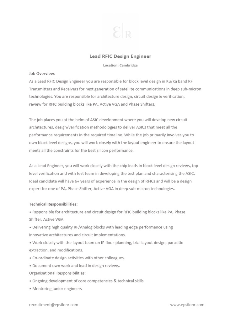 Lead RFIC Engineer | PDF | Integrated Circuit | Cmos