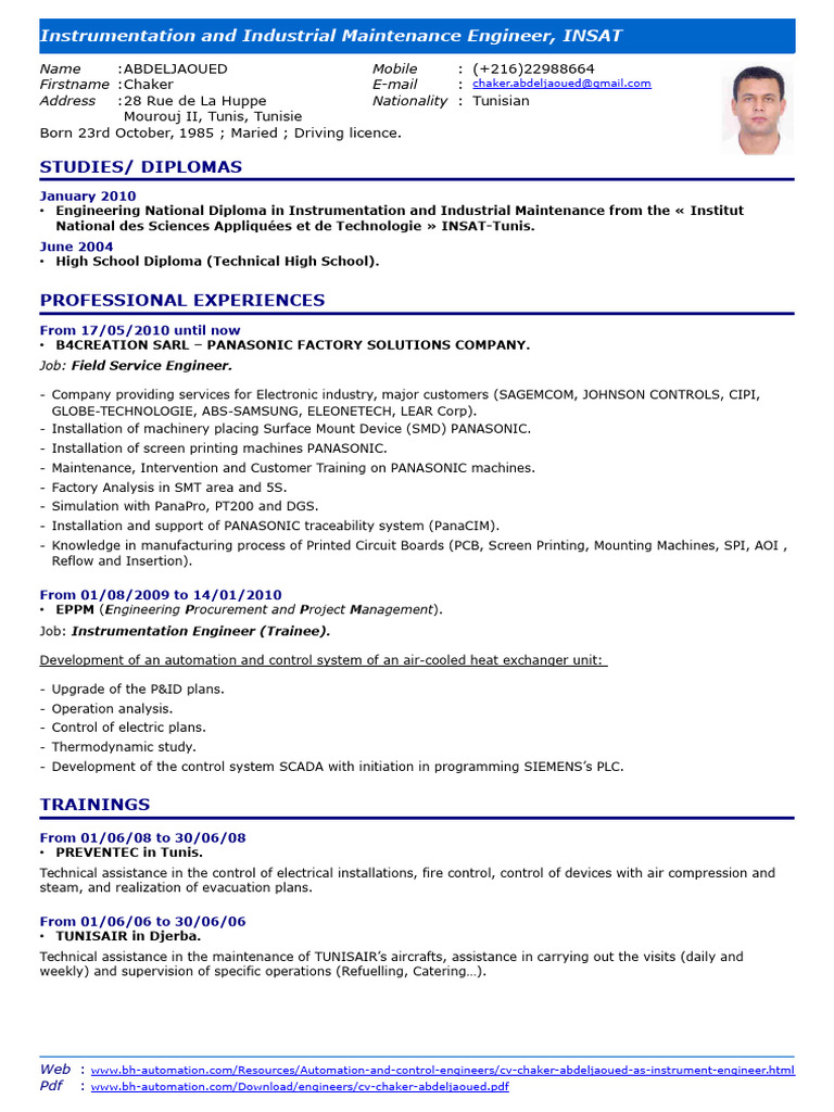 Instrumentation Engineer CV - Chaker Abdeljaoued | PDF ...