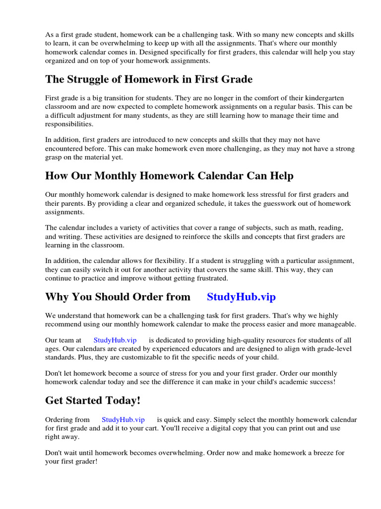 Monthly Homework Calendar For First Grade | Download Free PDF