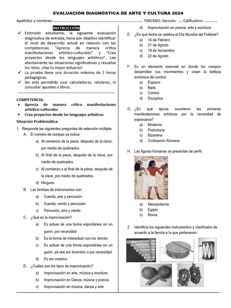 Evaluación Diagnóstica Arte y Cultura 2024 | PDF | Bailes