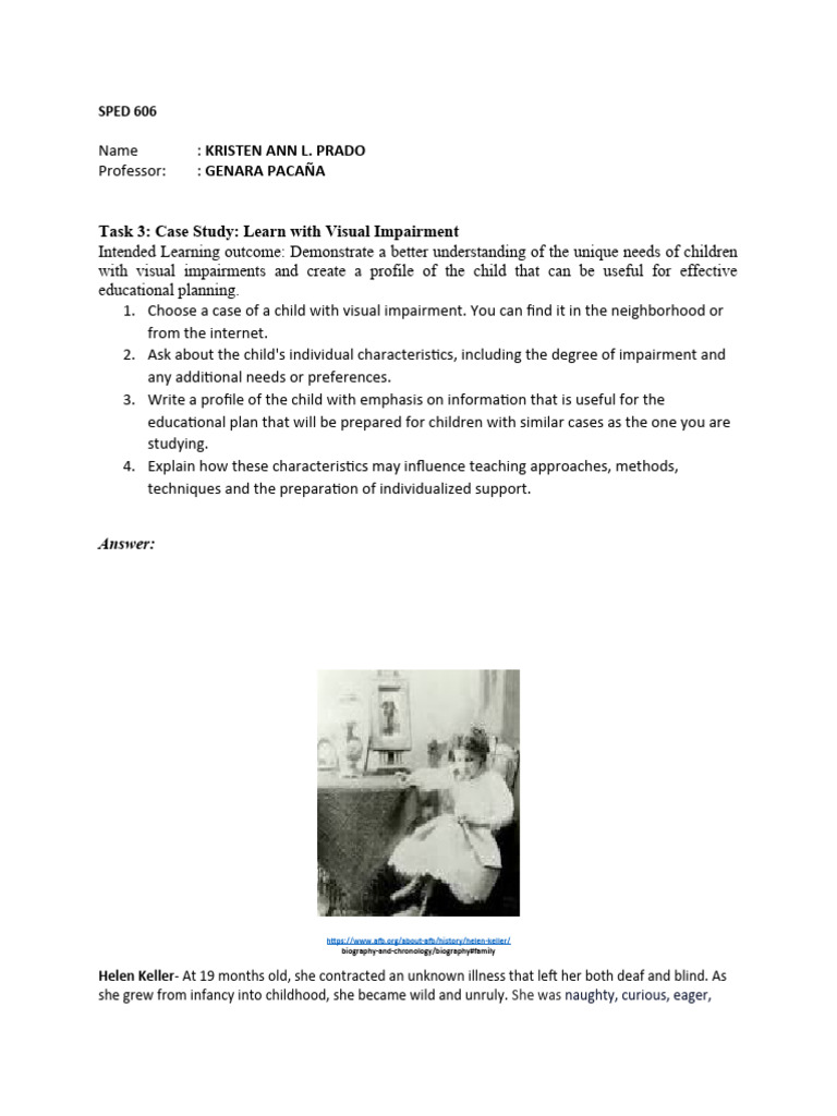Case Study on Teaching Visually Impaired Children | PDF | Helen Keller ...