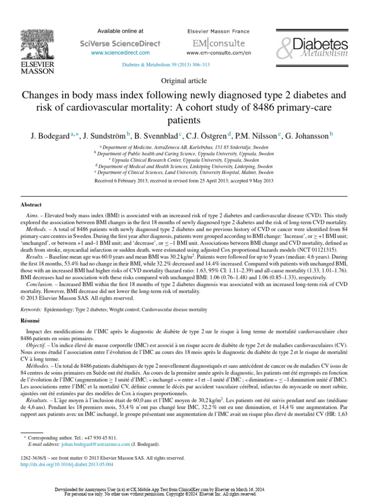 Changes in Body Mass Index Following Newly Diagnosed Type 2 Diabetes ...