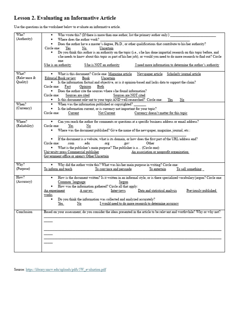 Evaluating An Informative Article Workesheet | PDF | Information ...
