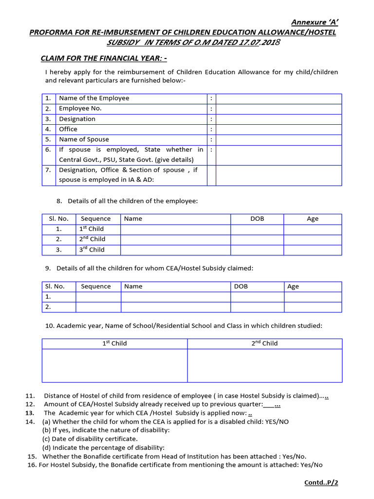 Children Education Allowance Claim Form | PDF