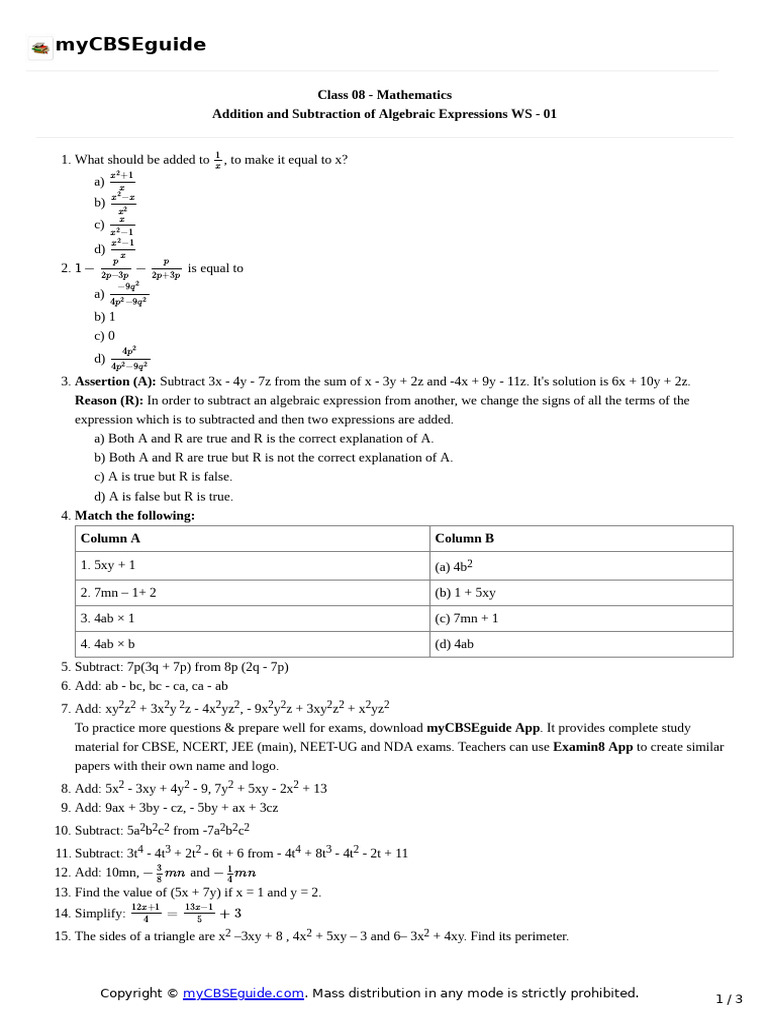 08 Math Algebraicexpressionsandidentities 01 | PDF | Mathematics
