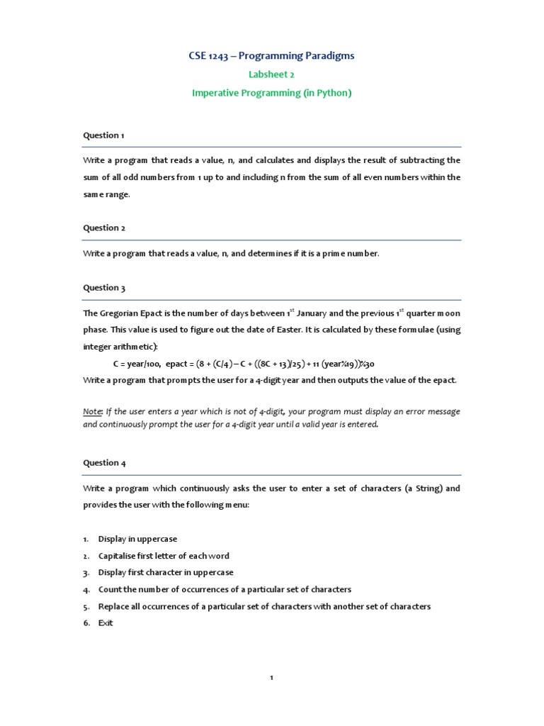 CSE 1243 - Labsheet 2 - Imperative Programming - Python | PDF ...