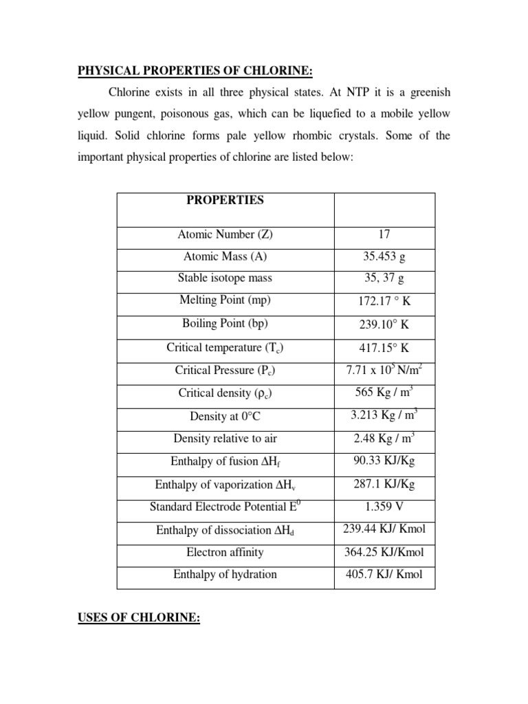 Chlorine Properties Uses PDF Chlorine Chemical Compounds