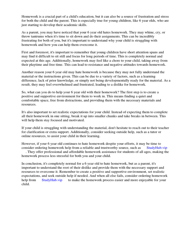 My 6 Year Old Hates Homework PDF Homework Teachers