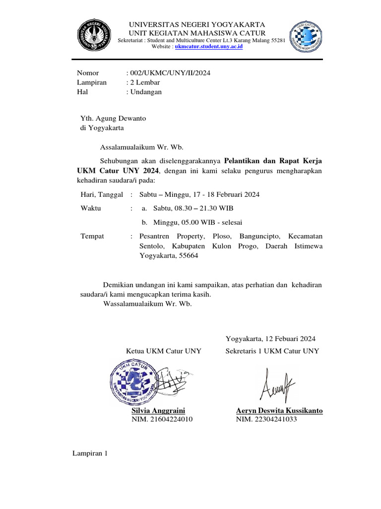 Undangan Pelantikan UKM Catur UNY 2024 | PDF