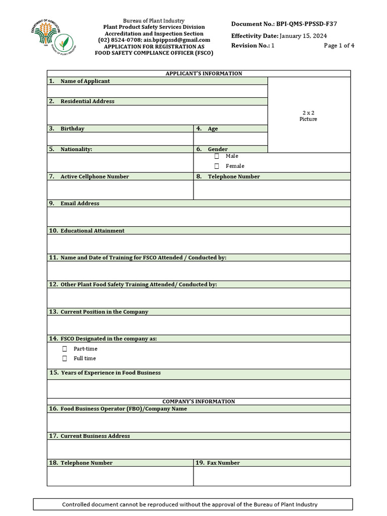 FSCO Registration Application Form | PDF | Food Safety | Identity Document