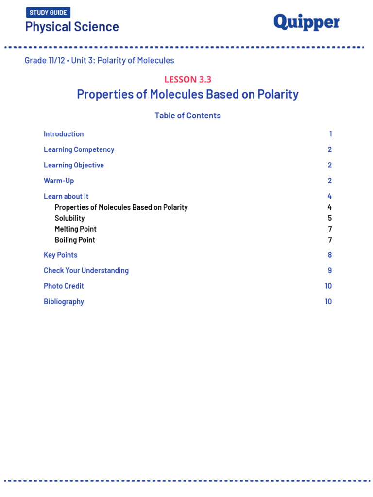 Properties of Molecules and Polarity | PDF | Chemical Polarity | Solubility