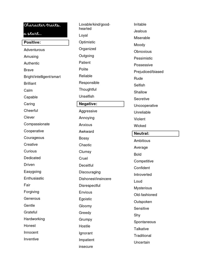 Character Traits Basic Second Year For GUMP and Testweek | PDF
