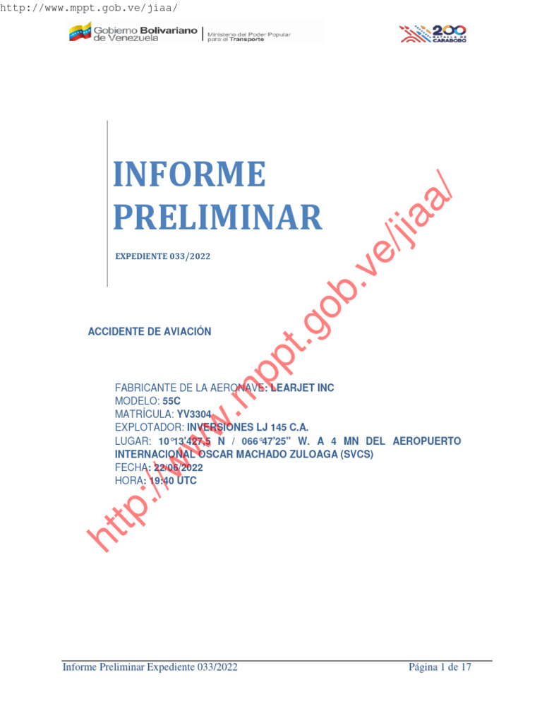 Informe Preliminar 033 - 2022 YV3304 | PDF | Accidentes e incidentes de ...