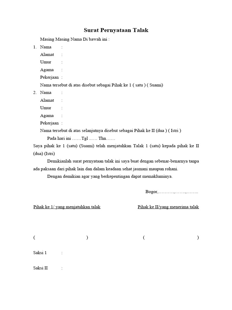 Surat Pernyataan Talak Suami-Istri | PDF | Hukum
