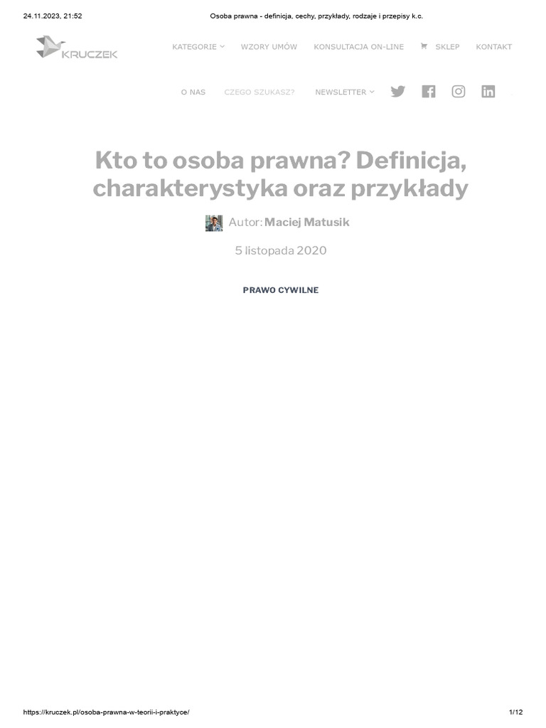 Osoba Prawna - Definicja, Cechy, Przykłady, Rodzaje I Przepisy K.C | PDF