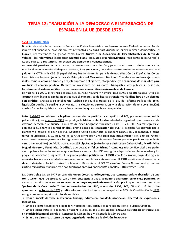 Tema 12 Historia TRANSICIÓN A LA DEMOCRACIA E INTEGRACIÓN DE ESPAÑA