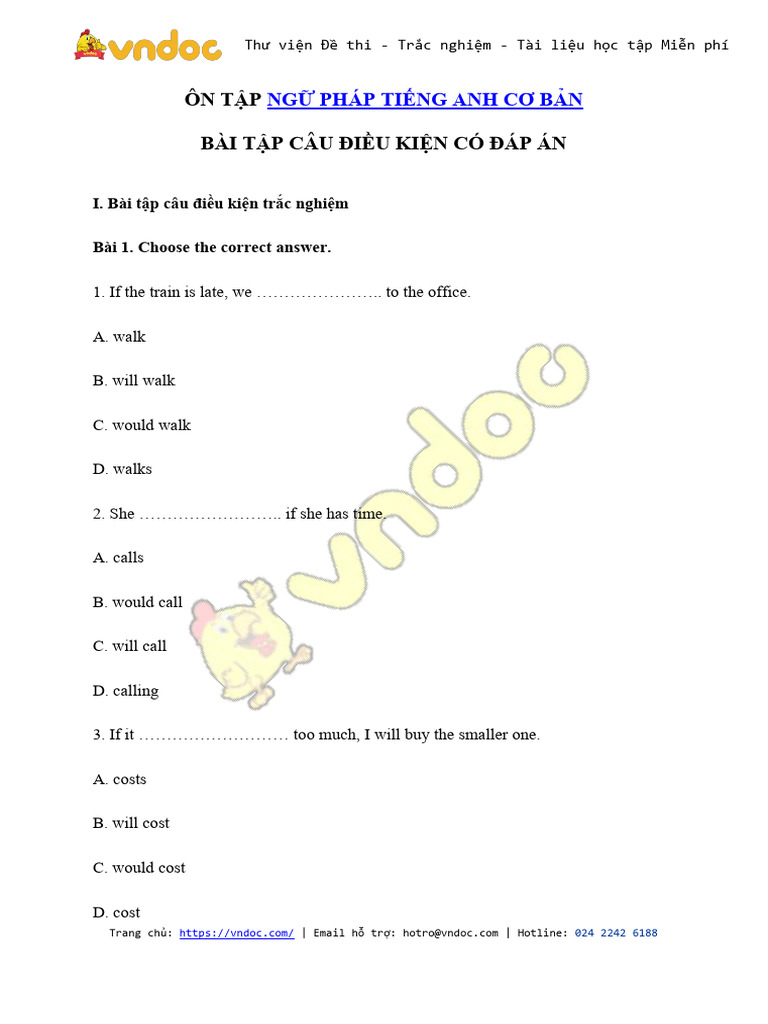 Bai Tap Trac Nghiem Ve Cau Dieu Kien Trong Tieng Anh Co Dap An | PDF